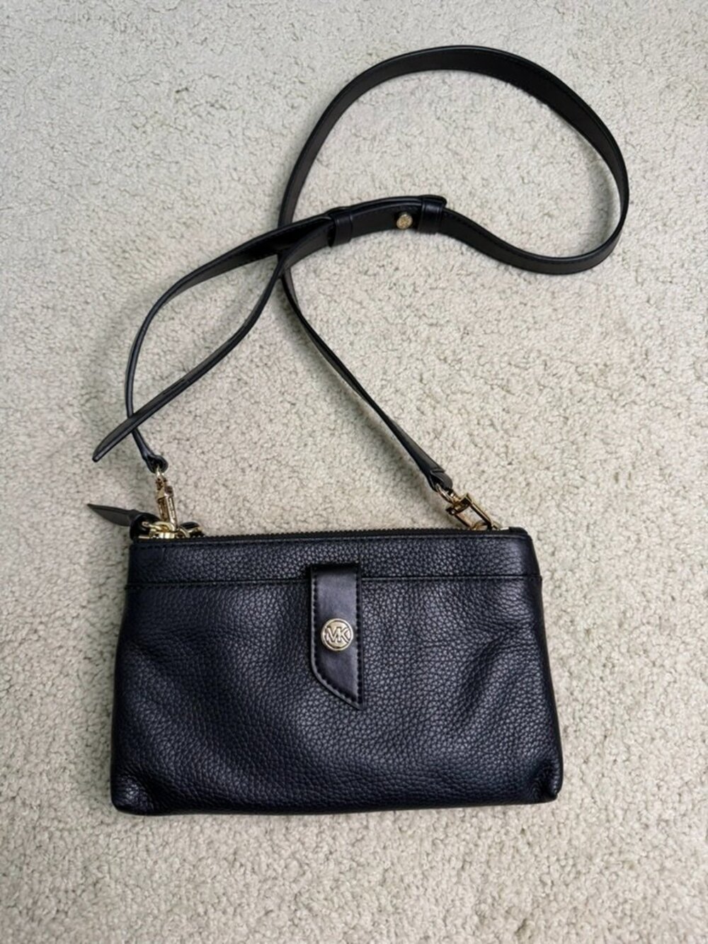 Michael Kors Black Pebbled Leather Double Zip Crossbody Bag Gold Hardware